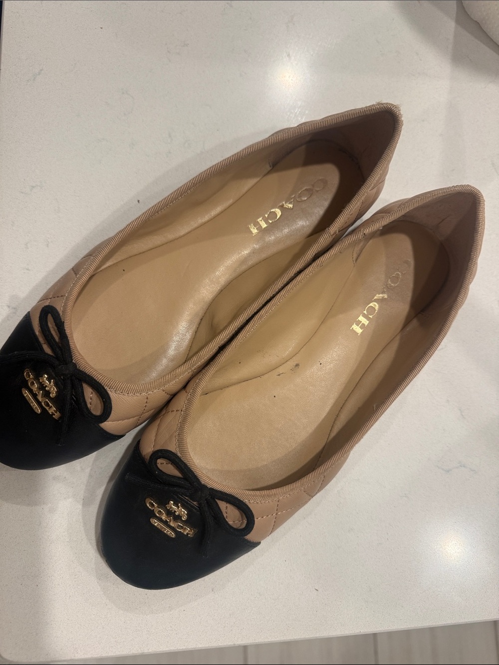 Coach Two-Tone Nude and Black Quilted Ballet Flats - Picture 2 of 6